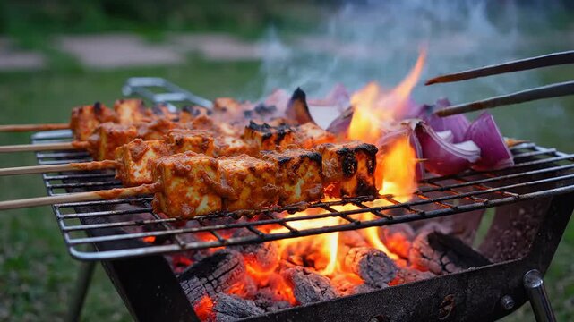 Grilled paneer tikka skewers with bell peppers and onion on barbecue a popular North Indian appetizer