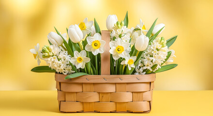 Beautiful spring flower arrangement in a woven basket on a yellow background