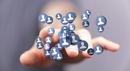 Hand holding a network of connected people icons. Concept of social networking, communication, teamwork and connection. Digital illustration of