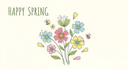 Whimsical hand drawn spring flowers bouquet with happy spring text