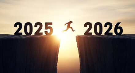 Person Jumping from 2025 to 2026 at Sunrise