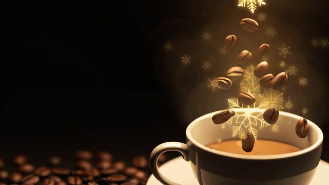 Steaming cup of coffee with flying beans and snowflakes on dark festive background. Cozy winter celebration and Christmas mood concept