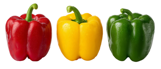 A vibrant arrangement of red, yellow, and green bell peppers glistening with moisture, showcasing their freshness and color, ideal for culinary presentations or healthy eating promotions