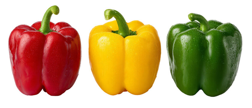 A vibrant arrangement of red, yellow, and green bell peppers glistening with moisture, showcasing their freshness and color, ideal for culinary presentations or healthy eating promotions