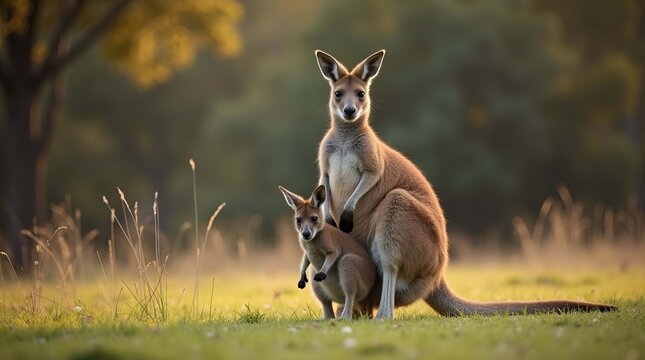 Photography of a small Wild Kangaroo with baby - Powered by Adobe