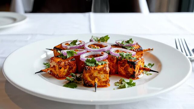 Delicious Paneer Tikka a popular North Indian appetizer featuring grilled marinated paneer cubes with vegetables perfect for Indian weddings and family parties