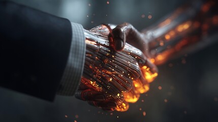 Professional Businessman Shaking Hands with Digital Glowing Technology Effect in Dark Office Environment