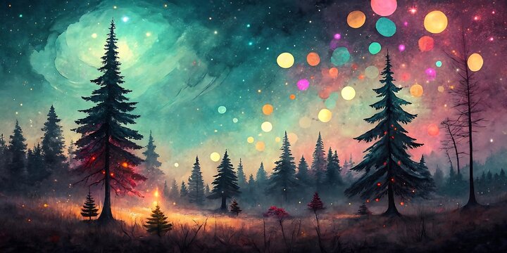 Enchanting forest scene under a vibrant star filled sky adorned with colorful bokeh lights evoking a magical and festive atmosphere - Powered by Adobe