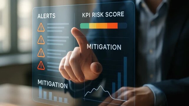 Digital dashboard showcases KPI risk score, alerts, and mitigation strategies through data analysis and interactive interface for effective decision