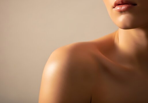 Close up of a womans shoulder and collarbone with soft lighting