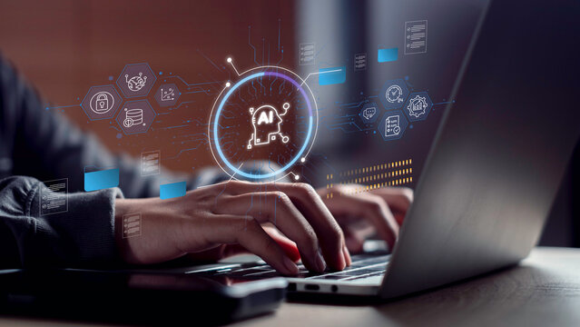 Generative AI command and file management concept with hands typing on laptop, showing AI prompt interface, digital folders, and data structure icons for smart content creation and automation.