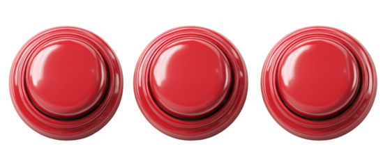 Three glossy red buttons arranged in a row, showcasing their smooth surfaces and reflections, ideal for design projects or user interface elements