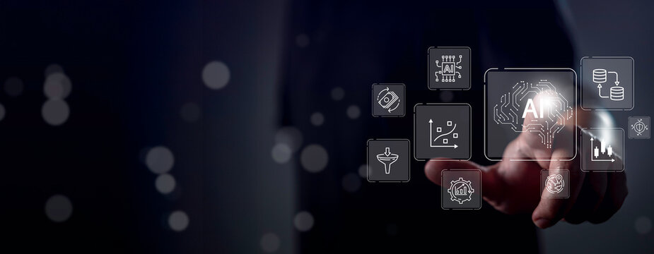 Human-AI collaboration and synergy concept showing hand interacting with digital AI interface. Symbolizes intelligent integration, teamwork, and advanced technology in business transformation.