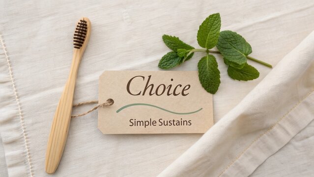 Flat lay of wooden toothbrush beside mint sprig in high fidelity detail