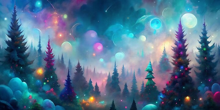 Enchanting winter forest illuminated by dreamy bokeh lights and colorful aurora borealis display