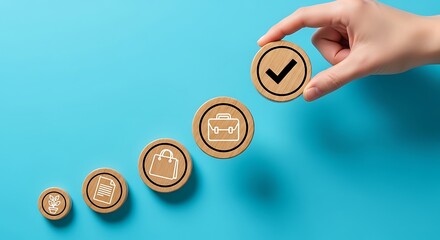 Hand Placing Checkmark Circle on Top of Growing Stack of Business Icons progress