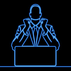 Happy businessman celebrating success while using laptop icon neon glow vector illustration concept