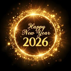 Luxurious Golden Glitter Circle Frame with "Happy New Year 2026" Typography, Perfect for Festive Invitation, Elegant Greeting Card, and Holiday Party Background