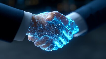 Digital Futuristic Business Handshake with Holographic Technology and Blue Light Effects