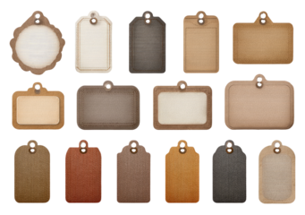 Assorted blank vintage tags in various colors and shapes