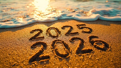 New Year's Transition: "2025" and "2026" Hand-Written in Golden Sand at Sunset, with Ocean Waves Washing Away the Past Year and Welcoming a Fresh Start