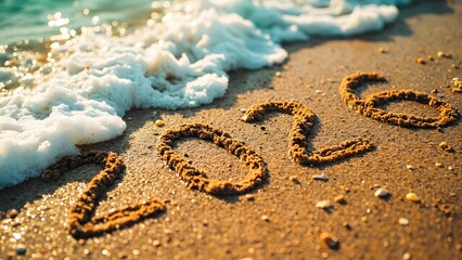 Close-up of "2026" written in golden sand on a sunlit beach with foamy ocean waves