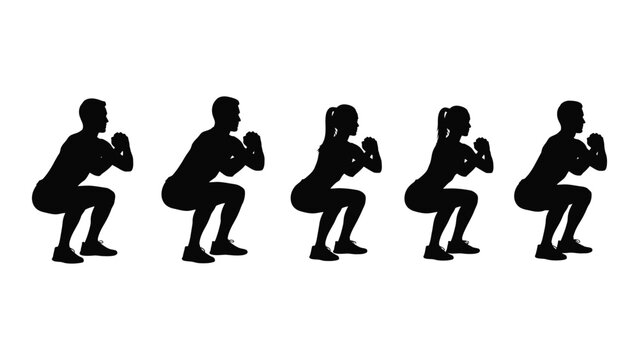 People performing squats silhouette isolated on white background, Vector