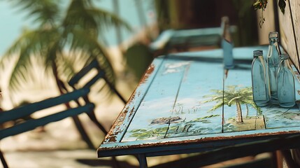 Rustic Coastal Table with Bottles and Palm Tree Artwork in Outdoor Beachside Setting