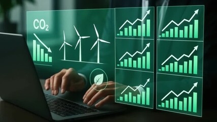 Digital technology drives environmental analysis, highlighting renewable energy trends, CO2 levels, and data visualization through insightful graphs - Powered by Adobe