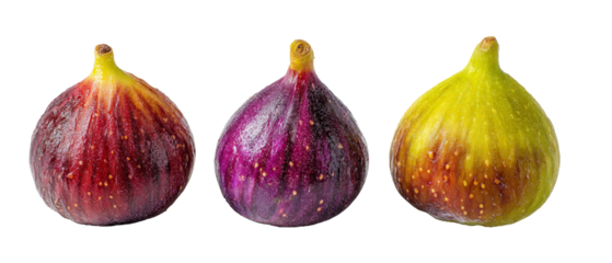 Three ripe figs of varying colors, showcasing their smooth skin and natural sheen, arranged side by side against a clean background, ideal for culinary or health-related content