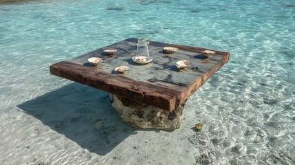 Rustic Wooden Table with Glass Bottle and Shells on Shallow Clear Ocean Water