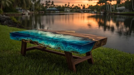 Artistic Resin River Table on Wooden Stand in Scenic Outdoor Setting at Sunset
