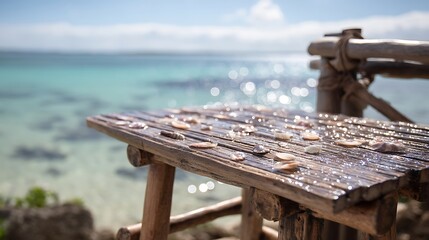 Wooden Seaside Table with Shells on Sunny Beach with Turquoise Water and Blue Sky