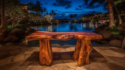 Wooden Bench Near Lagoon Surrounded by Tropical Landscape at Night