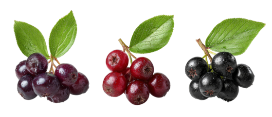 A vibrant display of three clusters of berries showcasing different colors?purple, red, and black?set against a clean background, ideal for food-related content or health articles