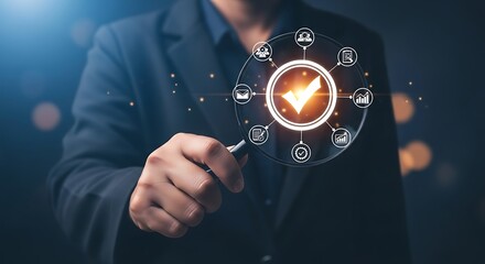 Businessman holding magnifying glass over digital checklist and workflow icons image