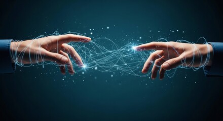 Two human hands reaching out to touch creating a spark of energy and connection