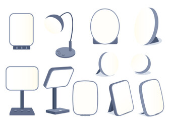 Collection of light therapy lamps for seasonal affective disorder in modern flat style with various shapes and desk or tabletop designs