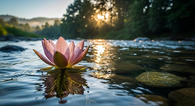 Stunning pink lotus flower floating peacefully on calm river at sunrise light
