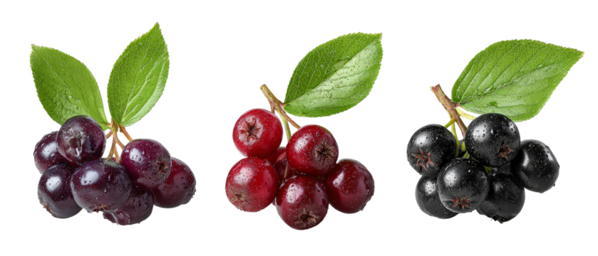 A vibrant display of three clusters of berries showcasing different colors?purple, red, and black?set against a clean background, ideal for food-related content or health articles