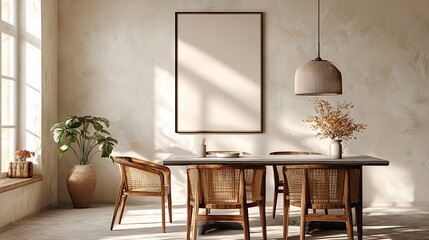 Dining room interior design mockup with blank frame and wooden chairs in bohemian style render 3d