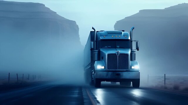 A cinematic portrayal of a large blue semitruck on a foggy road, with a mountainous backdrop. The truck is in motion, with its headlights on, illuminating the scene with a soft glow.