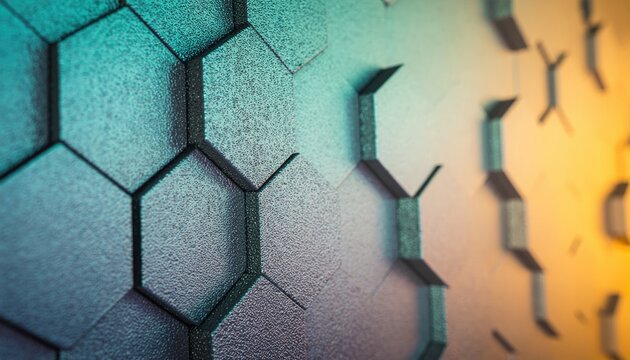 Close up of a metallic hexagonal pattern with a textured surface transitioning from teal to warm orange light creating a futuristic abstract background - Powered by Adobe