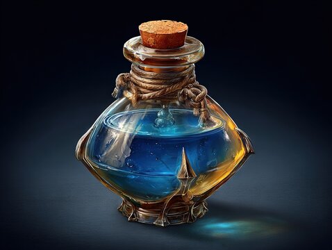 Mystical glass potion bottle filled with glowing blue and golden elixir, sealed with rope and cork, symbolizing alchemy, vitality, and hidden power