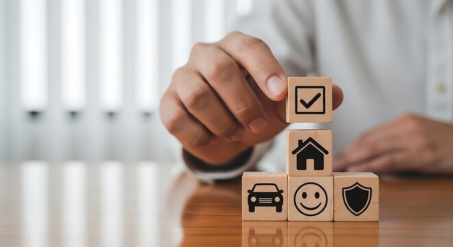Hand stacking wooden blocks with insurance icons for car home and health protection