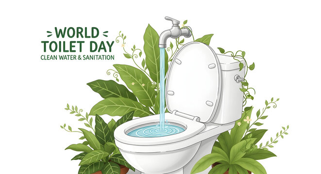 World toilet day illustration with plants and flowing water