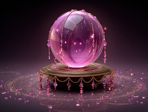 Enchanted pink crystal orb on ornate pedestal adorned with gemstones and golden trim, radiating mystical light and celestial elegance in a dreamlike aura
