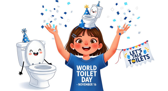 Joyful girl celebrates world toilet day with animated toilet friend