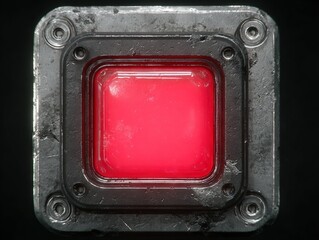 Industrial red emergency button with metallic casing, symbolizing danger, control, and the tension between restraint and irreversible activation