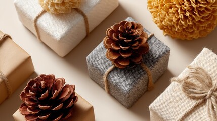 Eco friendly gift boxes wrapped in fabric and paper, decorated with pinecones and flowers for a rustic natural look. 